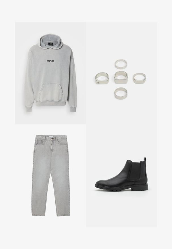 Light grey sweatshirt with a hood, front pocket, ribbed cuffs, and hem; features a black printed logo "mnc" on the chest. Cotton material.; Light grey denim pants with a straight-leg design, five-pocket styling, and a button closure. Visible stitching along the seams.; Black leather Chelsea boot with elastic side panels and a pull tab, featuring a rounded toe and textured rubber sole.; Set of six metallic silver rings in various shapes, including round and square, featuring smooth textures and minimalistic design.