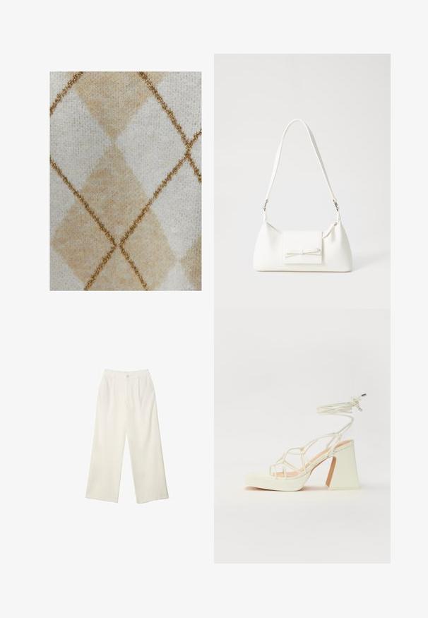 Beige och vit stickad tyg med ett diamantmönster, accentuerat av gyllene stygn. Mjuk textur med en subtil glans från det metalliska tråden.; Breda byxor i krämfärgad tyg med en mjuk yta, med en enda knapp fram, subtila veck och en hög midja design.; Vit högklackad sandal med en kraftig klack, med ett remdesign och ankelband. Slät textur med en plattform framtill för ökad höjd.; Vit syntetisk handväska med triangulär form, platt framklaff och rosettdetalj, justerbar rem, slät textur och minimalistisk design.