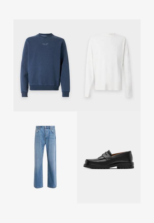 Marineblauwe sweatshirt gemaakt van textuur katoen. Heeft een ronde hals, lange mouwen en ribgebreide manchetten. Merkopdruk op de borst.; Witte katoenen blouse met lange mouwen en een ronde halslijn, met zijsplitten aan de onderkant en een gladde textuur, vanuit de achterkant weergegeven.; Lichtblauwe denim jeans met een straight-leg ontwerp, vijf zakken, knoopsluiting, minimale vervaging en contrasterende stikseldetails.; Zwarte leren instappers hebben een verhoogde naad, twee decoratieve banden op de bovenkant en een dikke, gestructureerde zool voor extra grip.