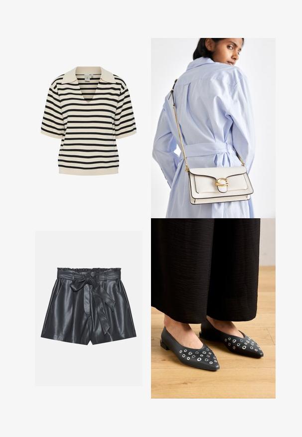 Rövid ujjú, V-kivágású felső krém színben fekete vízszintes csíkokkal. Lépcsős gallér és laza fazon jellemzi. Puha, kötött anyag.; Csipke blúz tört fehér színben, bonyolult mintákkal, hosszú ujjak, gombos elülső rész és mandarin gallér. Finom díszítés a mandzsettákon.; Fekete bőr sort magas derékkal, rugalmas pánttal, levehető övvel és sima textúrával. Lapított elülső része és oldalsó zsebei vannak.; Fekete bőr lapos cipők, hegyes orral, változó méretű fémbetét díszítéssel és alacsony szögletes sarkával. Simább textúra a fapadlón.; Fehér bőrtáska arany kiegészítőkkel, elülső fedéllel és fekete peremmel, lánc pánttal, amit keresztben hordanak egy világoskék inggel.