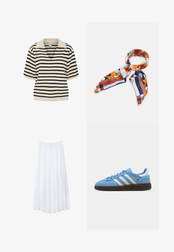 Bluzka krótki rękaw, dekolt w serek w kolorze kremowym z czarnymi poziomymi paskami. Posiada strukturalny kołnierzyk i luźny krój. Miękka, dziana tkanina.; Biała, warstwowa maxi spódnica wykonana z lekkiego materiału. Posiada elastyczny pasek w talii oraz swobodny krój z delikatną, subtelną teksturą.; Jasnoniebieskie zamszowe trampki z białymi skórzanymi paskami, brązową teksturowaną podeszwą i złotym logo. Niskoprofilowy design z zaokrąglonym czubkiem.; Jedwabny szal z kolorowym wzorem kwiatowym i geometrycznym w odcieniach pomarańczowego, niebieskiego, brązowego i kremowego. Trójkątne końce o gładkiej fakturze.