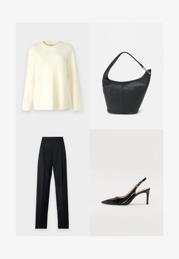 Pull en maille côtelée crème avec un col rond, des manches longues et une coupe décontractée. Texture douce avec des lignes horizontales sur toute la surface.; Pantalon noir en tissu lisse avec taille haute, jambes larges, plis à l'avant et passants de ceinture classiques. Pas de poches latérales visibles.; Pompe slingback en cuir verni noir avec un bout pointu, un talon fin et un design de découpes subtil. Elle dispose d'une boucle dorée sur la sangle.; Sac à main en cuir noir avec une forme arrondie, une large bandoulière et une finition texturée. Présente un détail de couture subtil et un accent en métal doré.