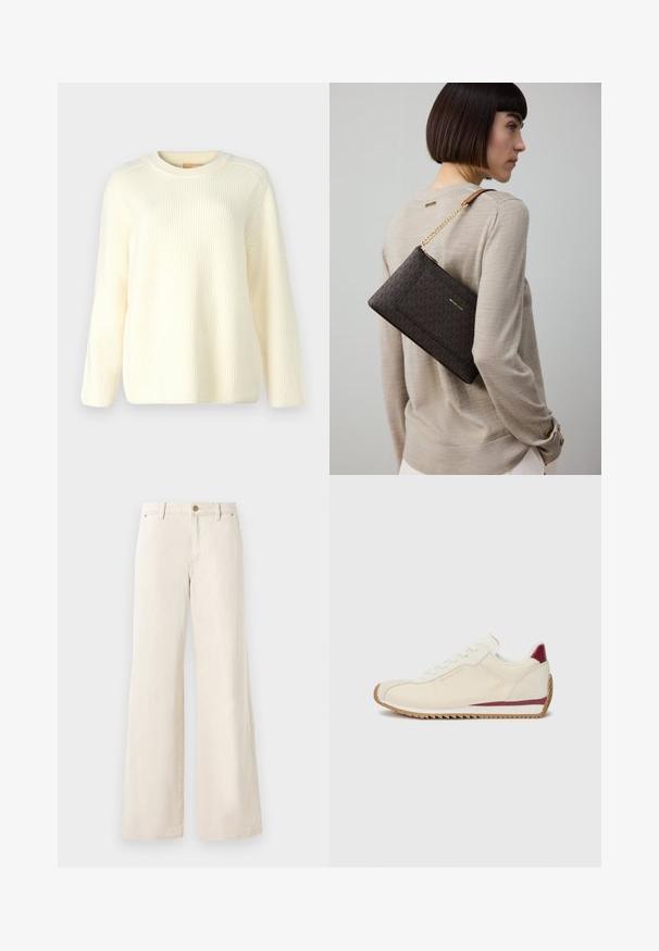 Cream ribbed knit sweater with a round neck, long sleeves, and a relaxed fit. Soft texture with horizontal lines throughout.; Beige wide-leg pants made of cotton with a smooth texture. Features a button closure, front pockets, and a classic waistband design.; White sneaker with a smooth texture, featuring a maroon accent along the sole and a jagged rubber outsole for grip. Minimalist design.; Brown patterned clutch bag with gold hardware and a chain strap, worn on the shoulder over a beige sweater, featuring textured fabric.