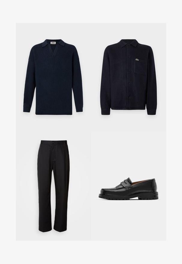 Navy ribbed sweater featuring a V-neck, short collar, and long sleeves. Made from soft material with a textured finish.; Navy textured shirt jacket made of soft fabric, featuring a collar, button front, long sleeves, and a stitched pocket with a logo.; Black trousers with a straight cut, made of lightweight fabric. Features a front button closure and two side pockets; smooth texture.; Black leather loafers feature a raised seam, two decorative straps on the upper, and a thick textured sole for added grip.