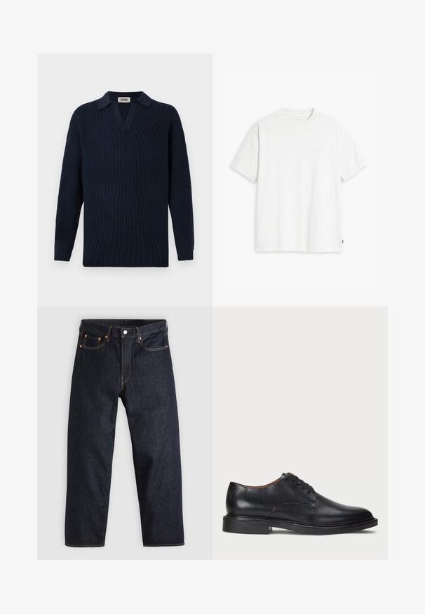 Pulover bleumarin cu nervuri, cu decolteu în V, guler scurt și mâneci lungi. Fabricat dintr-un material moale, cu un finisaj texturat.; Tricou alb din bumbac cu mâneci scurte, guler rotund și logo-ul subtil Levi's imprimat în centrul său. Textură moale și croială standard.; Jeans de denim albastru închis, cu croială dreaptă, cinci buzunare, cusături contrastante de portocaliu și fermoar cu buton. Fără modele sau embellishments vizibile.; Pantofle din piele neagră cu vârful rotund, design cu șireturi și toc jos stratificat. Textură netedă cu detalii de cusătură minime.