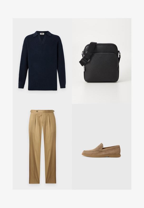 Navy ribbed sweater featuring a V-neck, short collar, and long sleeves. Made from soft material with a textured finish.; Beige trousers with a straight fit, featuring pleats, a button closure, and belt loops. Smooth fabric with a clean, tailored look.; Brown suede slip-on loafers with a smooth texture and stitched detailing; features a rubber sole for traction.; Black leather crossbody bag with a textured surface, featuring a front zip pocket, adjustable strap, and metallic hardware accents.