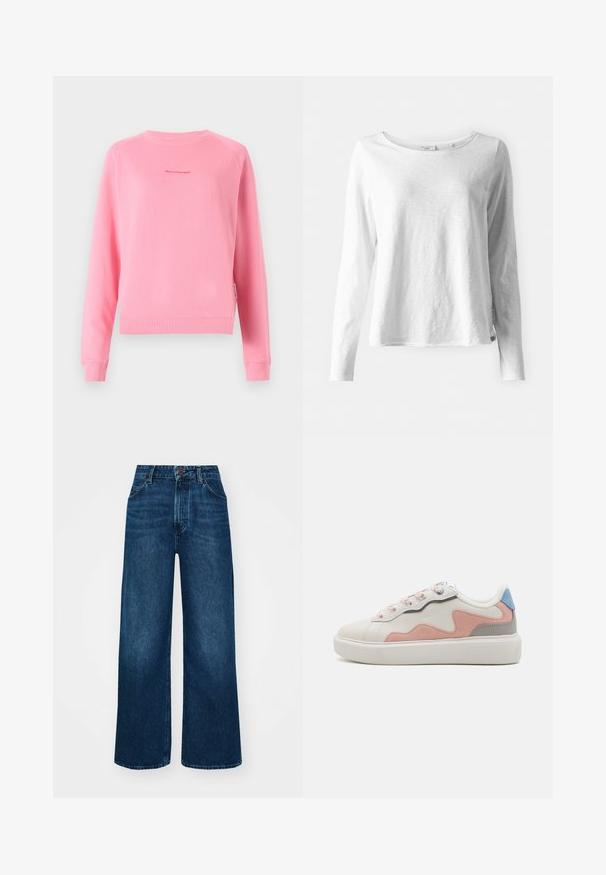 Růžová mikina s dlouhými raglánovými rukávy, žebrovanými manžetami a lemem, se malým potiskem loga uprostřed. Hladká textura z bavlněné tkaniny.; Bílé tričko s dlouhým rukávem z měkké, lehké tkaniny; má kulatý výstřih a mírně uvolněný střih; štítek viditelný na boku.; Džíny s vysokým pasem a širokými nohavicemi v tmavě modré denimové barvě s hladkou texturou, kontrastním šitím a designem se pěti kapsami. Zapínání na přední knoflík.; Nízké tenisky s bílým syntetickým svrškem, růžovými a šedými semišovými akcenty, texturovanou bílou gumovou podešví a barevnými tkaničkami.