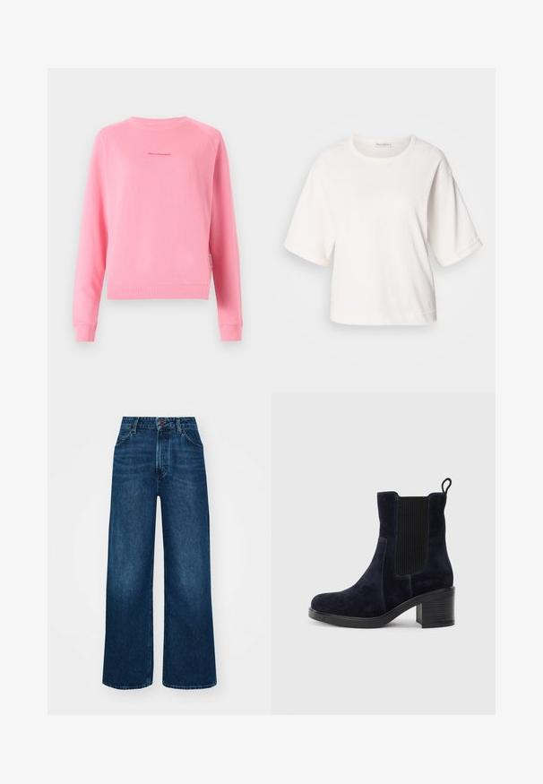 Sweatshirt roz cu mâneci lungi tip raglan, cu mansete și tiv din tricot, având un mic logo imprimat în centru. Textură netedă din bumbac.; Tricou alb din bumbac, cu o croială relaxată, mâneci scurte și răsucite, guler rotund și o textură netedă. Design simplu, minimalist.; Jeans cu talie înaltă și picioare largi, din denim albastru închis, cu o textură netedă, cusături în contrast și design cu cinci buzunare. Închidere frontală cu nasture.; Botine din suede de culoare bleumarin, cu panou elastic pe lateral, vârf rotunjit și toc pătrat. Materialul texturat și talpa netedă oferă un contrast.