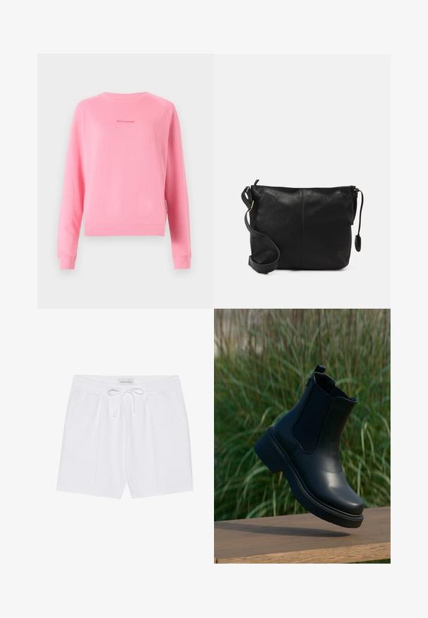 Roza pulover s dolgimi raglan rokavi, z ribanim manšetami in robom, ki vsebuje majhen natisnjen logo na sredini. Gladka tekstura iz bombažnega blaga.; Bele, kratke hlače do kolen iz mehkega materiala, z elastičnim pasom in vrvico ter dvema stranskima žepoma. Enostaven dizajn brez vzorcev.; Črne usnjene gležnjarje z elastičnimi bočnimi paneli, zaobljenim prstom in debelim podplatom, postavljene na leseni površini.; Črna usnjena torbica čez telo s ravno obliko, z zlatimi kovinskimi dodatki in nastavljivim trakom. Gladka tekstura z minimalnimi šivi.