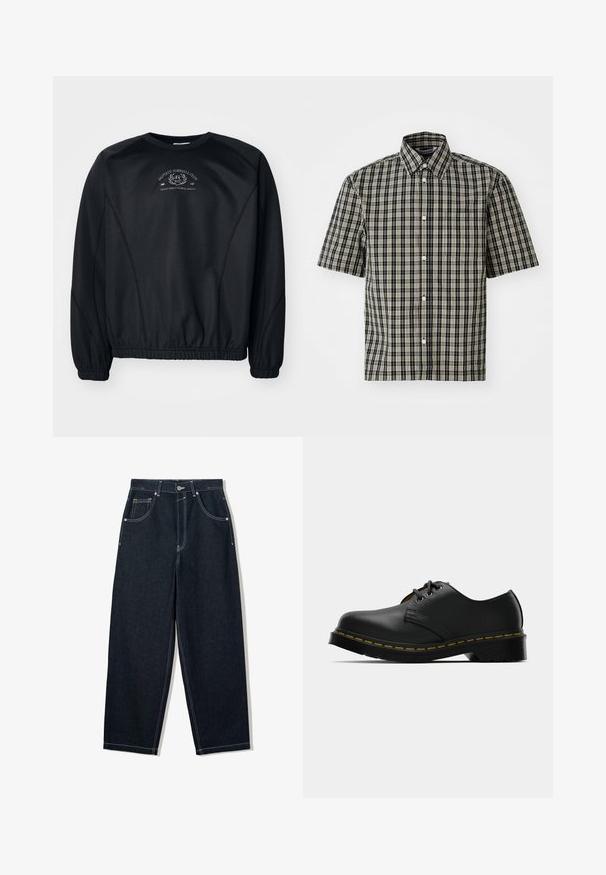 Čierna mikina s okrúhlym výstrihom, rebrovanými manžetami a lemom. Obsahuje jemnú grafickú potlač na hrudi a hladkú, mierne štruktúrovanú tkaninu.; Krátky rukáv košele v čiernej a béžovej kárované bavlny, s golierom na zapínanie a ľavým vreckom na hrudi. Klasický vzor károvania po celej ploche.; Široké tmavé denims nohavice s kontrastným bielym prešívaním, piatimi vreckami a zapínaním na gombík. Vyznačujú sa vysokým pásom.; Čierne kožené topánky so zaoblenou špičkou, šnurovací dizajn, žlté prešívanie pozdĺž podrážky a robustná čierna gumová podrážka pre lepšiu priľnavosť.