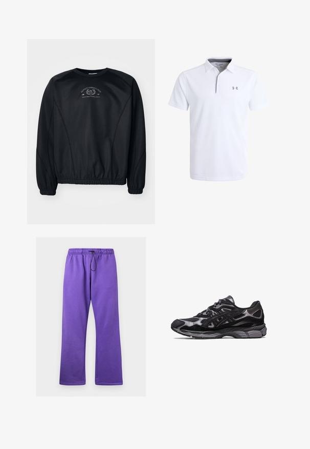 Felpa nera con collo rotondo, polsini e orlo ribattuti. Presenta una stampa grafica delicata sul petto e un tessuto liscio, leggermente texturizzato.; Polo bianco con tessuto testurizzato, maniche corte e colletto con zip. Include un logo grigio sul lato sinistro del petto.; Pantaloni della tuta viola con vita regolabile, realizzati in un tessuto morbido. Hanno una vestibilità ampia e gambe dritte senza tasche.; Scarpa sportiva nera con tomaia in mesh e suede, caratterizzata da un design testurizzato e una robusta suola grigia imbottita.