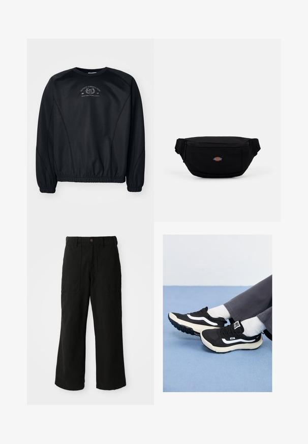 Sweatshirt noir avec un col rond, des poignets et un ourlet côtelés. Présente un imprimé graphique subtil sur la poitrine et un tissu lisse, légèrement texturé.; Pantalons noirs à large jambe en tissu doux, dotés de poches avant et d'une fermeture à bouton à la taille. Design minimaliste sans motifs visibles.; Baskets noires avec des accents blancs, en mesh et en caoutchouc, présentant une semelle texturée et un onglet au talon. Portées avec des chaussettes blanches et un pantalon gris.; Sac banane en tissu noir avec fermeture éclair, doté d'un petit logo de marque à l'avant. Design compact et arrondi avec des sangles réglables.