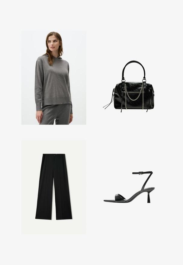 Gray hooded sweatshirt with long sleeves and a relaxed fit. Features a textured, soft fabric with side slits at the hem.; Bershka WIDE - Trousers - black; Bershka High heeled sandals - black; Bershka WITH CHAIN - Handbag - black