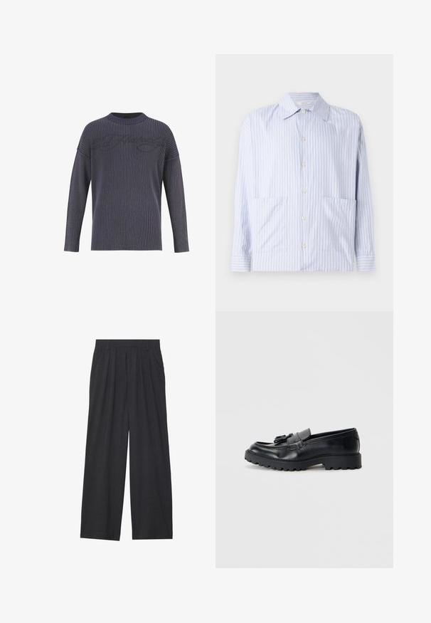 Mørkegrå strikket sweater med ribbet tekstur, bred rund hals og drop skuldre. Har et subtilt logo mønster på fronten.; Stribet langærmet skjorte i lyseblå og hvid, med klassisk krave, knaplukning foran og to forlommer. Glat bomuldsstof.; Vidder bukser lavet af mørkegrå stof. Har folder ved taljen, et skræddersyet design og en lige silhuet.; Sorte læder loafers med en blank finish, kraftig gummisål og dekorativt frynse-detalje på forsiden.
