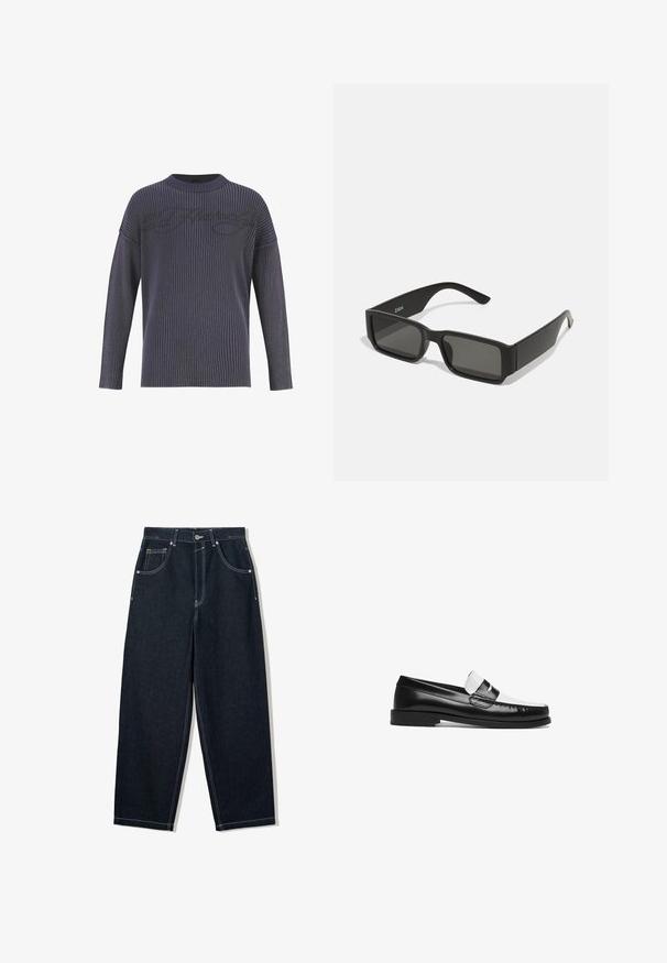 Ciemnoszary sweter z dzianiny o prążkowanej strukturze, szerokim okrągłym dekolcie i opadających ramionach. Posiada subtelny wzór logo na przodzie.; Spodnie dżinsowe o szerokich nogawkach w ciemnym denimu z kontrastowym białym przeszyciem, pięcioma kieszeniami i zapięciem na guzik. Posiadają wysoki stan.; Czarno-białe skórzane mokasyny o połyskującej powierzchni, z płaską podeszwą, przeszyciami oraz dekoracyjnym paskiem na górze.; Czarne okulary przeciwsłoneczne z prostokątnymi soczewkami, matowa plastikowa oprawka i proste krawędzie. Posiadają logo marki na wewnętrznej stronie ramienia.