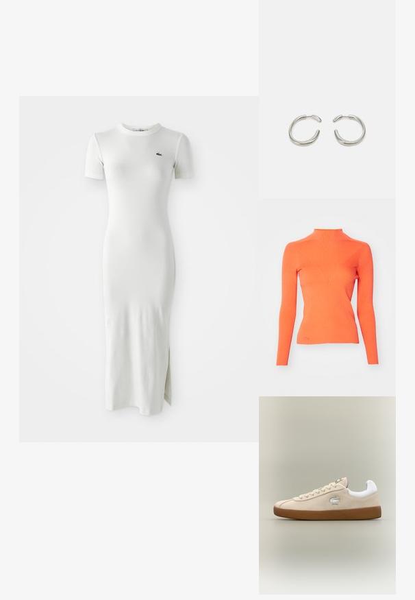 Sweter z golfem w prążki w jaskrawym pomarańczowym kolorze, z długimi rękawami i dopasowanym krojem z elementem w kształcie litery V z przodu.; Biała, prążkowana sukienka midi z krótkimi rękawami, okrągłym dekoltem i rozcięciem z boku. Posiada małe zielone logo na piersi. Gładka, dopasowana struktura.; Beżowe zamszowe sneakersy z białymi akcentami i gumową podeszwą. Posiadają podniesione logo z boku oraz kontrastujące beżowe sznurowadła. Klasyczny design.; Srebrne kolczyki w kształcie kół z gładkim, zaokrąglonym wzornictwem i błyszczące, polerowane wykończenie. Charakteryzują się minimalistycznym kształtem z delikatnym otwarciem.