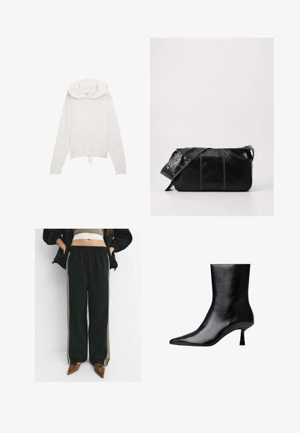 Weißer Hoodie mit langen Ärmeln und einem Kordelzug am Saum, der aus einem weichen, strukturierten Stoff besteht und ein rundes, mehrlagiges Kapuzen-Design aufweist.; Schwarze, lässige Jogginghosen mit elastischem Bund und seitlichen Taschen, die kontrastierende, hellbeige Streifen entlang der Beine aufweisen.; Schwarzer Knöchelschuh aus glänzendem Leder mit spitzem Zeh und schmalem Absatz, präsentiert sich mit glatter Textur und minimalistischem Design.; Schwarze Leder Schultertasche mit Reißverschluss, ausgestattet mit einer strukturierten Oberfläche, weißen Nähten und einem Tragegurt mit silbernen Ösen.