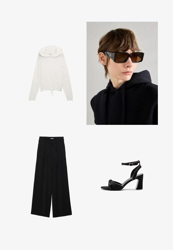 Balta ilgomis rankovėmis džemperis su raišteliu, pagamintas iš minkštos, tekstūruotos medžiagos, su apvaliu, sluoksniuotu gobtuvu.; Juoda plačių kojų kelnės, pagamintos iš tekstūruoto audinio, su elastingu juosmeniu ir atsegamu diržu juosmenyje, leidžiančiu reguliuoti dydį.; Juodos zomšos aukštakulniai sandalai su plačia blokine pakulne, reguliuojama kulkšnies juosta, atvira pirštų dalimi ir kontrastinga siuvimo detalėmis.; Juodų didelių saulės akinių su blizgiu paviršiumi, stačiakampio formos, rudos spalvos tonuotais objektyvais ir auksiniu logotipu ant šventyklų.
