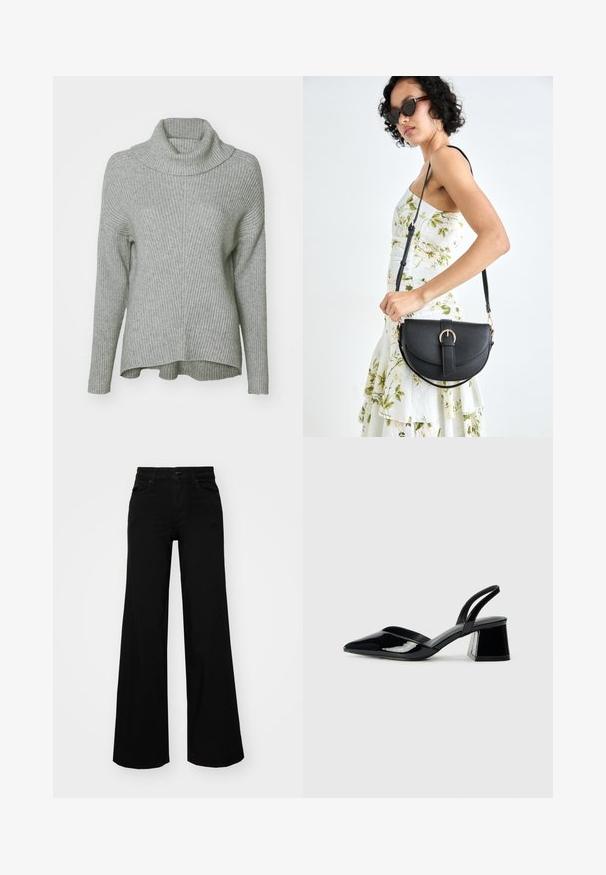 Hall griit narmastega sall, millel on lahti lõige, pikad varrukad ja voltitud krae. Hem on taga veidi pikem.; Mustad mustad püksid, mis on valmistatud denimist, struktuurse vöökohtade, vöökootidega ja esikottidega. Sile tekstuur klassikalise disainiga.; Mustad musta lakknahk kingad, millel on terav varvas ja geomeetriline plokkkonts. Omab elegantselt minimalistlikku disaini ja sujuvat tekstuuri.; Mustmust mustraha kõverate joontega, eemaldatava rihmaga ja kuldsete detailidega. Kotil on klapp, millel on pandladetail.