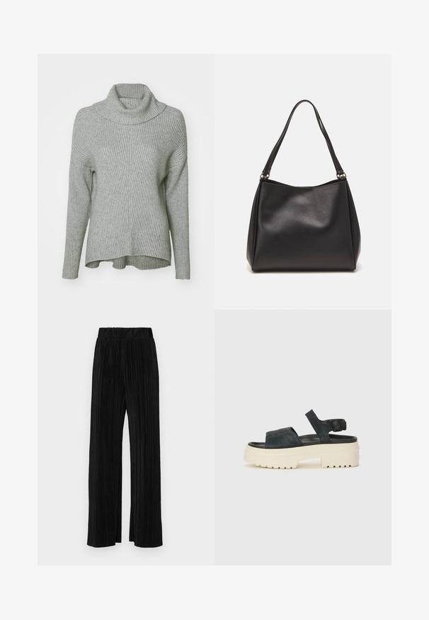 Siv vrhnji pulover z rebrasto strukturo, ohlapne kroja, dolgimi rokavi in zloženo ovratnico. Rob je na hrbtni strani nekoliko daljši.; Črne plisirane hlače z elastičnim pasom. Imajo široke noge in gladko, teksturirano tkanino z navpičnimi črtami.; Črne nubuk sandale na platformi z debelim belim podplatom, širokim sprednjim trakom in nastavljivim zapenjanjem okoli gležnja. Teksturiran podplat za boljši oprijem.; Črna sintetična usnjena torbica z mehko teksturo, hobo oblika in dvojni naramnici; ima sijajni zaključek in minimalističen dizajn.