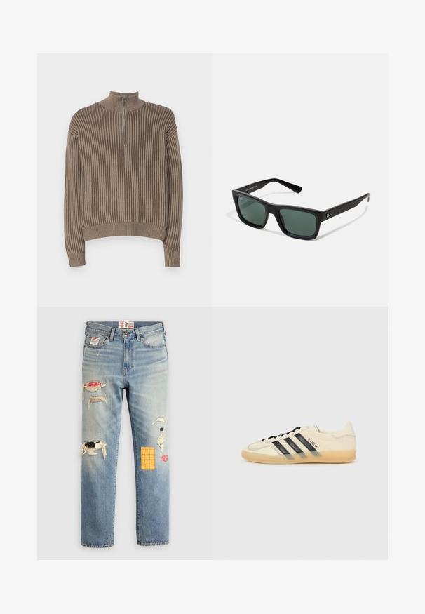 Maglione marrone a coste con collo alto e mezza zip, dotato di maniche lunghe e vestibilità rilassata. La trama è morbida e lavorata a maglia.; Jeans in denim blu chiaro con vestibilità rilassata, caratterizzati da toppe strappate in vari colori e motivi, inclusi accenti arancioni e rossi.; Sneaker di colore crema chiaro con design a tre strisce nere, tomaia testurizzata, punta rotonda e suola in gomma. Presenta lacci e branding sul lato.; Occhiali da sole neri rettangolari con lenti verdi, caratterizzati da una finitura opaca, aste dritte e il logo Ray-Ban sul lato.