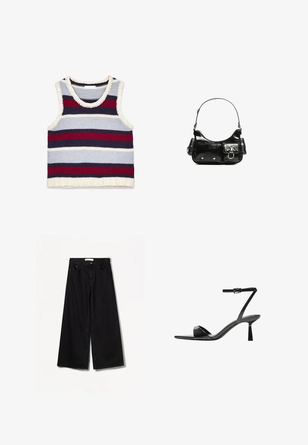 Top in maglia a righe nei colori navy, rosso, azzurro e crema; presenta un collo rotondo e un orlo a coste. Materiale in cotone testurizzato.; Bershka WIDE-LEG - Wide Leg - black; Bershka Sandali con tacco - black; Borsa a spalla in vernice nera con forma curvata, una tracolla, tasche frontali e dettagli in metallo argentato.
