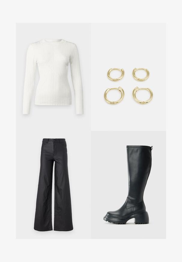 JDY JDYKATE - Džemper - cloud dancer; Mustad, laiad püksid kunstnahast. Omab kõrget vööd, vöökotte, kahte esipoolset taskut ja õmmeldud detaile.; Kõrge must nahksaapad, millel on massiivne platvormi tald ja blokk-kand, varustatud tõmbenööriga ja tekstuuriga väljatõmbejääk.; Kulla kõrguse ehted, neli tükki, sile viimistlus, ümar disain, erinevad suurused, millel on hingedega klamber mugavaks kandmiseks.