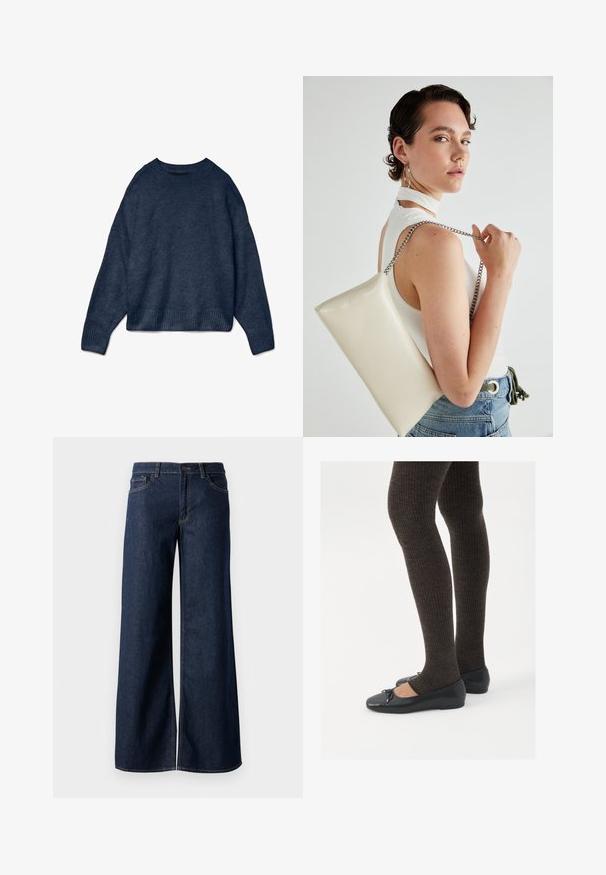 Jūras zila apģērba kreklis ar garām piedurknēm un ribota apakšdaļa un kakls, izgatavots no mīkstas adītas auduma.; Platas kājas džinsi tumši zilā denima krāsā. Iespējas ir kontrastējošās vīles, piecas kabatas un pogu aizdare jostasvietā. Gluda tekstūra.; Melnas plakano formas kurpes ar mazu loku uz pirksta, apvienotas ar tumši brūnām ribotām zeķubiksēm. Kurpēm ir gluda tekstūra un zems profils.; Balts taisnstūra clutch soma, izgatavota no spīdīga materiāla, ar sudraba ķēdes siksnu. Modelis pozē, demonstrējot somu uz vienkārša fona.