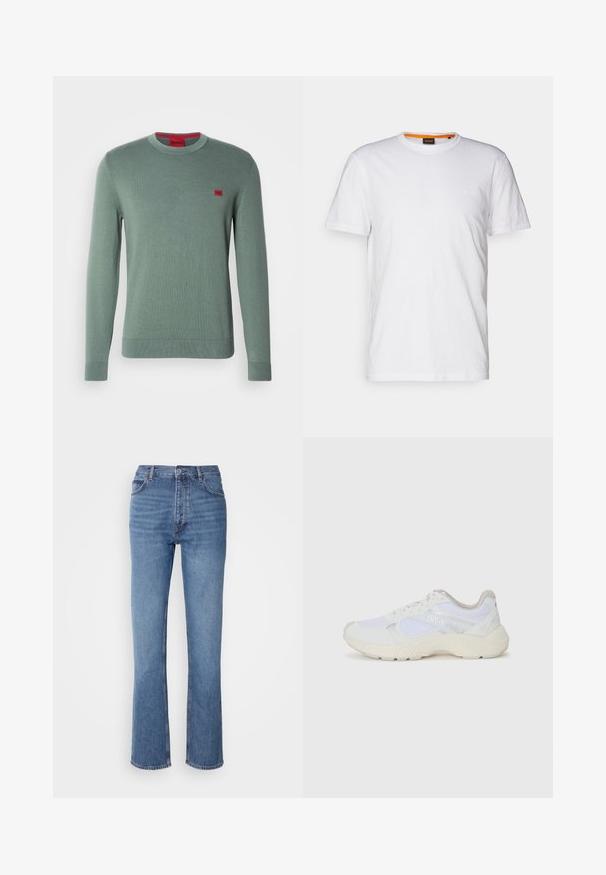 Zöld kötött pulóver hosszú ujjal, kerek nyakkal és bordázott mandzsettával. Kicsi piros logófolttal a mellkasán. Simaszerkezetű, minimális dizájnnal.; Fehér pamut póló kerek nyakkivágással, rövid ujjakkal, és finoman domborított logóval a mellkason. A belső címke narancssárga akcentussal rendelkezik.; Kék farmernadrág magas derékkal, egyenes szabású dizájnnal és enyhe kopással. Jellemzője az klasszikus öt zsebes kialakítás és cipzáras zárás.; Fehér sportcipők, amelyek hálós és velúr anyagból készültek, texturált középtalppal, texturált részletekkel és a "HUGO" logóval az oldalon.
