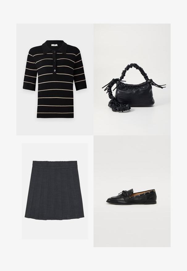 Fekete és krémszínű csíkos pólóing rövid ujjakkal, gombos elülső résszel és bordázott gallérral. Kényelmes kötött anyagból készült, sima textúrával.; Sötétszürke pliszírozott szoknya rugalmas derékkal, texturált anyagból, klasszikus A-vonalú sziluettel. Alkalmas mindennapi viseletre.; Fekete bőr lófarok cipők, megkötött masnival, arany szemcsés díszítéssel az oldalán és lapos gumitalppal. Simaság, klasszikus dizájn.; Fekete műbőr kézi táska krokodil bőr textúrával, összehúzható tetejű és gyűrt pánttal. Lágy és kompakt dizájnúnak tűnik.