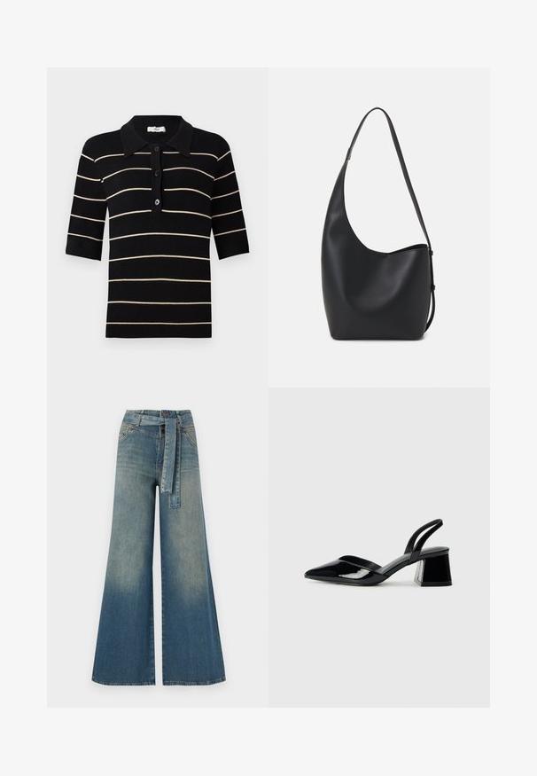 Mustavalkoraidallinen polo-paita lyhythihaisilla, nappi-edessä ja ribatulla kauluksella. Valmistettu neuloskankaasta, jossa on sileä rakenne.; Yksiväriset farkut leveällä lahkeella, joissa on vaaleasta tummansiniseen häipyvä väri, korkea vyötärö, vyölenkit ja yhteensopiva kangasvyö. Rakennefarkkujen pinta.; Mustat patentoitu nahkakengät, joissa on säären takaosa ja terävä kärki, sekä geometrinen palikkakorko. Sisältää tyylikkään, minimalistisen muotoilun ja sileän pinnan.; Musta nahkainen hobo-laukku, jossa on sileä pinta, kaareva muoto ja yksi säädettävä olkahihna; sisäänkäynti on leveä ylhäältä.