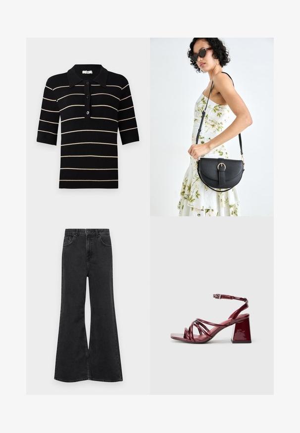 Must-valge triibuline polo särk lühikeste varrukatega, nööpidega ees ja soonikuga kraega. Valmistatud siledast kudumite kangast.; Must have denim kitsas vormiga teksad kõrge vöökoha ja viie taskuga, õrnate õmblustega ja esiküljel nööpidega. ; Patente burboone jalad, millel on ruudukujuline varvas, mitmete põimunud rihmadega ja paksu plokknäoga. Reguleeritav pahkluu rihm.; Mustmust mustraha kõverate joontega, eemaldatava rihmaga ja kuldsete detailidega. Kotil on klapp, millel on pandladetail.