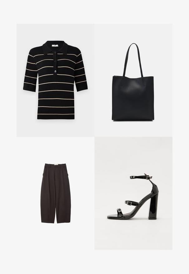 Mustavalkoraidallinen polo-paita lyhythihaisilla, nappi-edessä ja ribatulla kauluksella. Valmistettu neuloskankaasta, jossa on sileä rakenne.; Mustat leveälahkeiset housut, jotka on valmistettu sileästä kankaasta. Niissä on korkea vyötärö, etupleatsit ja sivutaskut. Yksinkertainen muotoilu ilman koristeita.; Musta kiiltävä korkokenkä sandaalit neliönmuotoisella varpaalla, nilkkaremmillä ja hopeisilla soljilla. Varustettu tukevalla lohkokorkealla vakauden takaamiseksi.; Mustapahkainen kangaskassi, jossa on sileä pinta, suorakaiteen muotoinen ja kaksi pitkää kahvaa. Ei näkyvää metalliosaa tai koristeita.