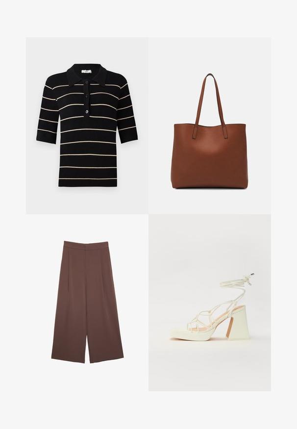 Polo tričko s krátkým rukávem, černobílým pruhovaným designem, zapínáním na knoflíky a žebrovaným límcem. Vyrobeno z pleteného materiálu s hladkou texturou.; Hnědé široké kalhoty s hladkou texturou, vysokým pasem a předními záhyby. Materiál je lehký a volně splývá.; Bílé sandály na vysokém podpatku s robustním podpatkem, s designem s pásky a zavazováním kolem kotníku. Hladký povrch s platformou vpředu pro zvýšení výšky.; Hnědá kožená taška přes rameno s hladkou texturou, otevřeným designem a dvěma ramenními popruhy. Obsahuje minimální švy a žádné viditelné kovové prvky.