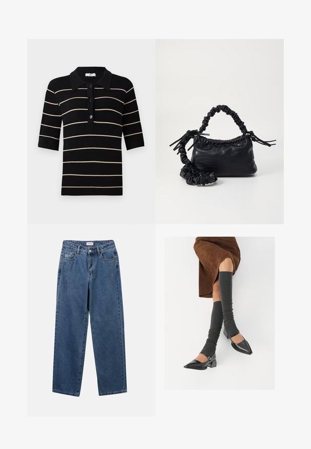 Mustavalkoraidallinen polo-paita lyhythihaisilla, nappi-edessä ja ribatulla kauluksella. Valmistettu neuloskankaasta, jossa on sileä rakenne.; Classiset siniset farkut suoran lahkeen muotoilulla, viidellä taskulla ja napillakaan. Ominaisuudet: keskivahva pesu ja kestävä rakenne.; Musta lakattu nahkakengät teräväkärkisillä, leveällä kantapäällä ja nilkkahihnalla, yhdistettynä harmaisiin ribattuihin säärystimiin ja ruskeaan mokkasiinimekkoon.; Must-have mustekahvi nahkalaukku krokotiiliaistalla, kiristetty yläosa ja rypistetty hihna. Näyttää pehmeältä ja kompaktilta muotoilultaan.