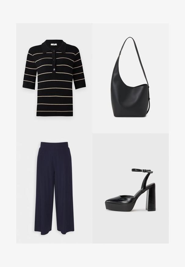 Polo tričko s krátkým rukávem, černobílým pruhovaným designem, zapínáním na knoflíky a žebrovaným límcem. Vyrobeno z pleteného materiálu s hladkou texturou.; Široké kalhoty z tmavě námořnické tkaniny s žebrovanou strukturou. Obsahují hladký pas a splývavý siluetu, dosahující délky po polovinu lýtek.; Černé platformové podpatky s špičatou špičkou a nastavitelným kotníkovým popruhem. Vyrobeny z hladké kůže, s masivním blokovým podpatkem.; Černá kožená hobo taška s hladkým povrchem, zakřiveným tvarem a jedním nastavitelným popruhem; má široké otevírání nahoře.