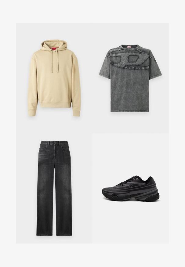 Beige színű kapucnis pulóver zsinórral és bordázott mandzsettával, apró logóval a mellkasán és piros címkével a gallérban.; Szürke denim rövid ujjú póló, amely texturált foltmintával díszített a mellrészen, valamint finom kopott hatású részletekkel a szöveten.; Fekete egyenes szabású farmernadrág, öt zsebbel, övhurkokkal, és finom fakó foltokkal az anyagon a textúra érdekében.; Fekete futócipő texturált felsőrésszel, szürke csíkokkal. Vastag talp a párnázottságért, kerek orr, és lapos fűzők a biztos illeszkedés érdekében.