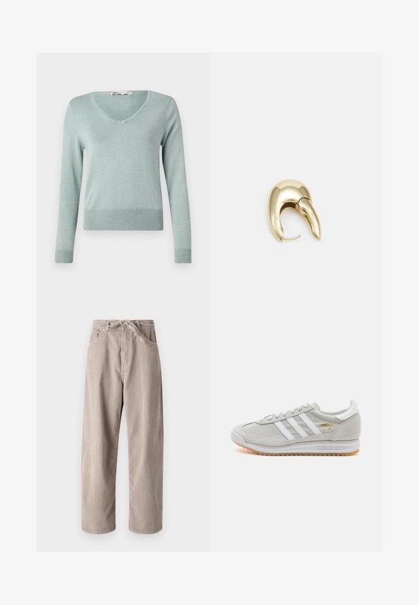 Helles grünes V-Ausschnitt-Sweatshirt aus weichem, geripptem Strickmaterial. Verfügt über lange Ärmel und einen engen Saum, mit subtiler Textur im gesamten Material.; Beige Cordhosen mit lockerer Passform, ausgestattet mit einem Kordelzugbund, zwei Fronttaschen und vertikal geripptem Muster.; Hellgraue Sneaker aus Wildleder und Mesh, mit drei weißen Streifen, runder Zehenpartie und einer Sohle aus Gummi. Goldenes Logo-Detail nahe der Schnürsenkel.; Ohrringe aus goldfarbenem Metall mit einem schlanken, geschwungenen Design. Sie verfügen über eine markante, spitze Form, eine polierte Oberfläche und einen Scharnierverschluss.