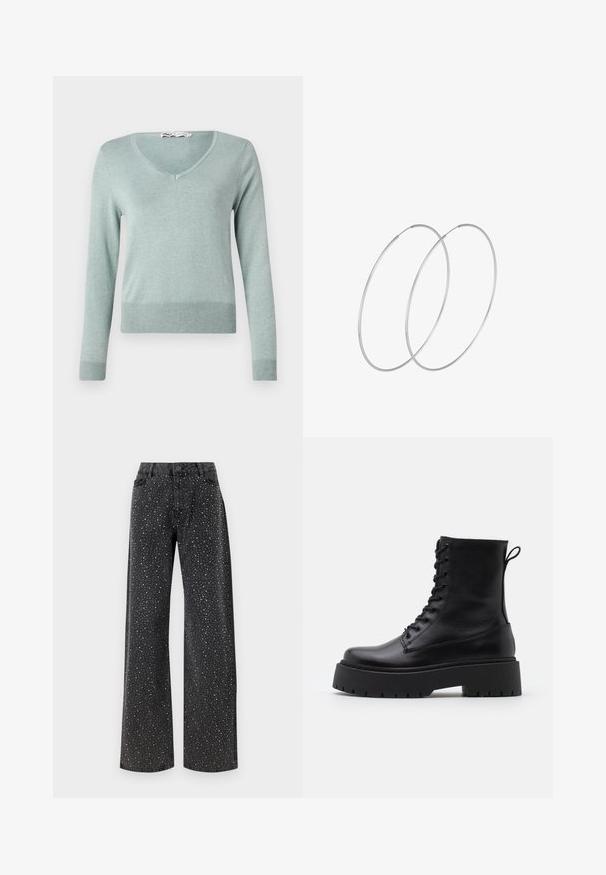 Helles grünes V-Ausschnitt-Sweatshirt aus weichem, geripptem Strickmaterial. Verfügt über lange Ärmel und einen engen Saum, mit subtiler Textur im gesamten Material.; Noisy May NMJANNEL LOOSE - Jeans Relaxed Fit - black denim; Schwarze Lederstiefeletten mit runder Zehenpartie, Schnürung vorne und einer dicken Gummisohle mit strukturiertem Profil. Mit Zugschlaufe an der Rückseite.; Silberne Creolen mit minimalistischem Design. Rundform, glatte Oberfläche und dünnes Profil. Leichtgewichtig mit hochglänzender Oberfläche.