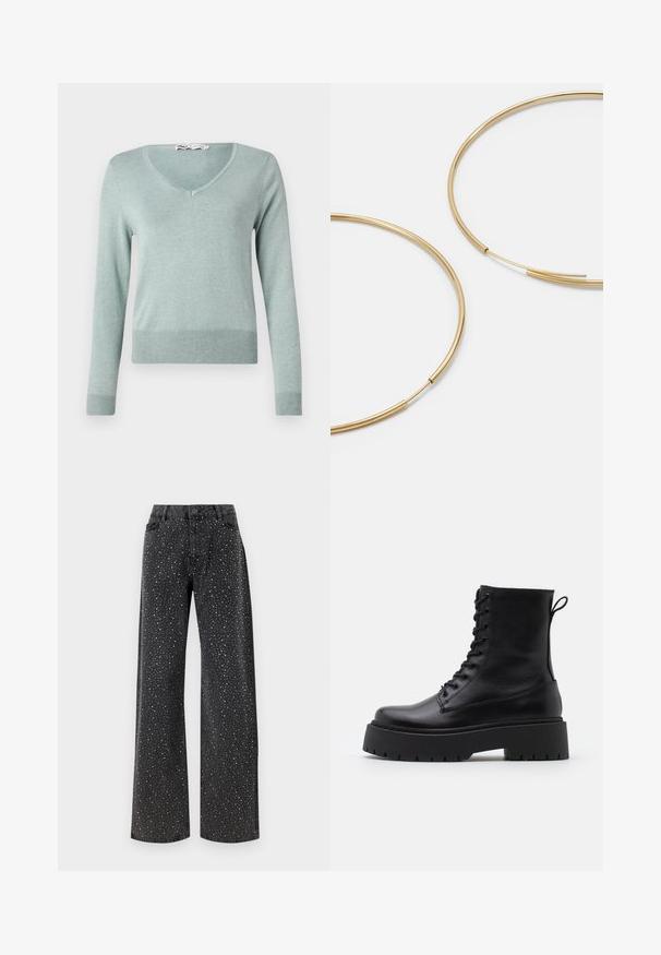 Light green v-neck sweater made of soft, ribbed knit material. Features long sleeves and a fitted hem, with subtle texture throughout.; Noisy May NMJANNEL LOOSE - Relaxed fit jeans - black denim; Black leather ankle boots with a round toe, lace-up front, and a thick rubber sole featuring a textured tread. Pull tab at the back.; Gold-colored hoop earrings, thin and round in shape, with a smooth metallic finish and no embellishments or patterns.