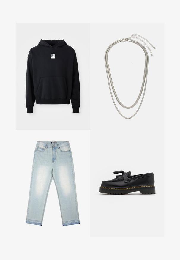 Čierna mikina s kapucňou a prednou vreckom, so malým bielym logom Jordan umiestneným na hrudi, zobrazená na jednoduchom bielom pozadí.; Pegador BARROW - Džínsy široké - sand washed blue; Čierne kožené loafre s detailom na strapcoch, s masívnou čiernou podrážkou a žltým prešitím pozdĺž okraja. S textúrovaným povrchom.; Trojvrstvový náhrdelník zo strieborného kovu s elegantnými, flexibilnými reťazami s jemným leskom, zabezpečený sponou typu langusta a nastaviteľným reťazcom.
