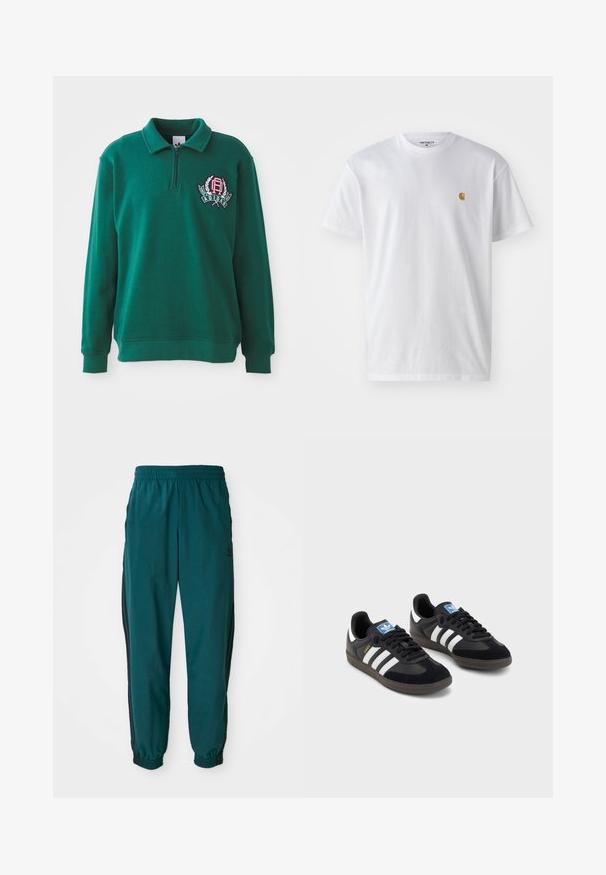 Zaļš puloveris ar ceturtdaļas rāvējslēdzēju, ribotām piedurknēm un izšūtu logotipu kreisajā krūtīs. Mīksta, teksturēta auduma.; Balta kokvilnas t-kreklu ar īsām piedurknēm, apaļu kakla izgriezumu, ar mazu zelta logotipu kreisajā krūšu pusē. Mīksta tekstūra un regulāra piegriezuma.; Gaiši zili sporta bikses ar savelkamo jostu, elastīgām aprocēm un melnām svītrām sānos. Izgatavotas no viegla auduma, ar logo tuvu gurnam.; Melnas sporta apavas ar zamšādas un sintētisku augšdaļu, ar trim baltām svītrām, teksturētu gumijas zoli un zilu logo birku uz mēles.
