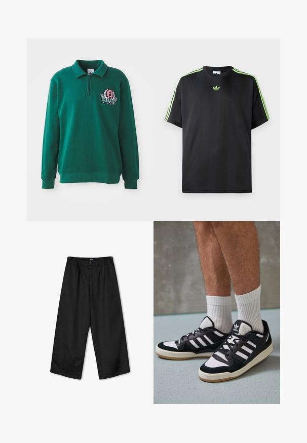 Zaļš puloveris ar ceturtdaļas rāvējslēdzēju, ribotām piedurknēm un izšūtu logotipu kreisajā krūtīs. Mīksta, teksturēta auduma.; Melnā T-krekls, kas izgatavots no gludas auduma ar apaļu kakla izgriezumu, ar trim zaļām svītrām uz pleciem un mazu zaļu logo uz krūškurvja.; Kaotiko PANT DANDY WIDE LEG UNISEX - Auduma bikses - black; Melnas un baltas kedas ar zamša un ādas augšdaļu, kas aprīkotas ar trim baltām svītrām, perforētu purngali un gumijas zolēm.