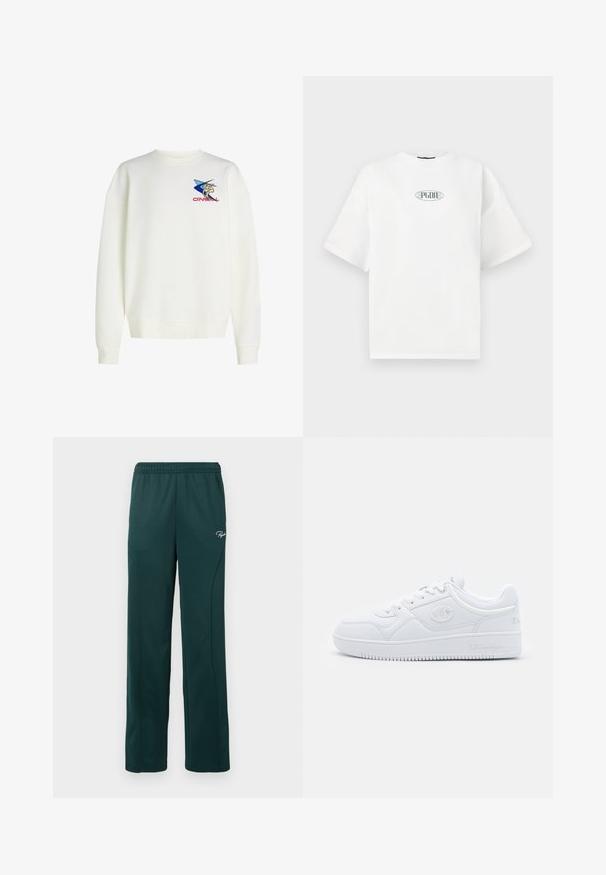 Hvid sweatshirt med rund hals, løs pasform og ribstrikkede manchetter. Har et blåt og gult grafisk logo på venstre bryst.; Hvid kortærmet t-shirt lavet af bomuld, med et grafisk logo i grønt inden for en oval form i centrum af brystet.; Mørkegrønne sweatpants lavet af blødt stof, med elastisk talje og sidesømme, samt et lille logo foran.; Hvide sneakers lavet af glat syntetisk materiale, med rund tå, flad sål og diskrete logo detaljer på siderne. Klassisk lavt design.