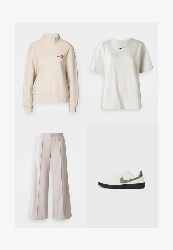 Carhartt WIP AMERICAN HIGH NECK - Sweatshirt - moonbeam; Hvit bomulls T-skjorte med rund halslinning og korte ermer. Har en liten svart Nike-logo på brystet. Enkel og uten dekorasjoner.; Lys grå vide bukser lavet af glat stof. Har en elastisk talje og sort Nike-logo på venstre side.; Nike Sportswear FIELD GENERAL - Joggesko - off-white/black