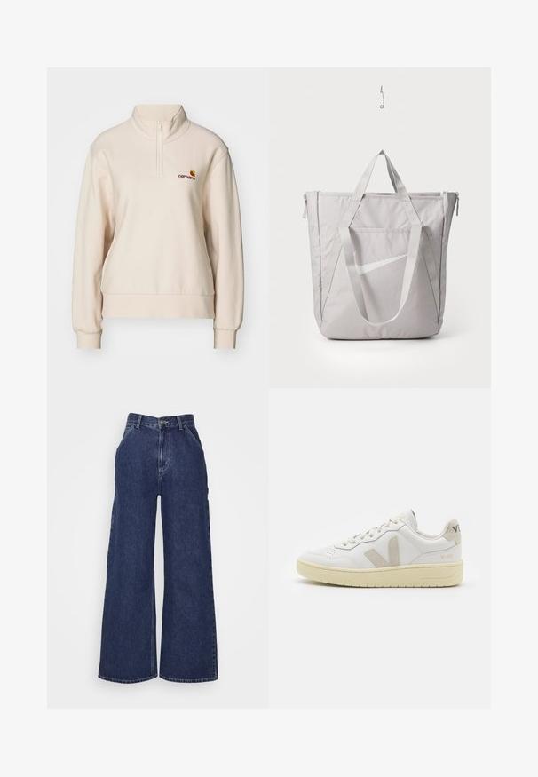 Carhartt WIP AMERICAN HIGH NECK - Pusa - moonbeam; Must mustriba mustikateel pikkade varrukatega cropped top, millel on lai ümmargune kaelus ja istuv siluett, ning delikaatne brändi logo aksent.; Tumedast sinisest denimist laiad püksid, millel on kõrge vöökoht, ees olevad taskud ja metallnupuga tõmblukk. Sile tekstuur ja klassikaline disain.; Valge nahast tenniseking, millel on beežist siidist aktsent ja aukudega varvas, lame paelad ja tekstureeritud koorevärvi tallad. Omab nüansirikast brändimist kannal.; Hallhallane hall kott, millel on tugevdatud käepidemed, ees lukkudega tasku ja valge Nike Swoosh logo. Valmistatud vastupidavast kangast, millel on sile tekstuur.