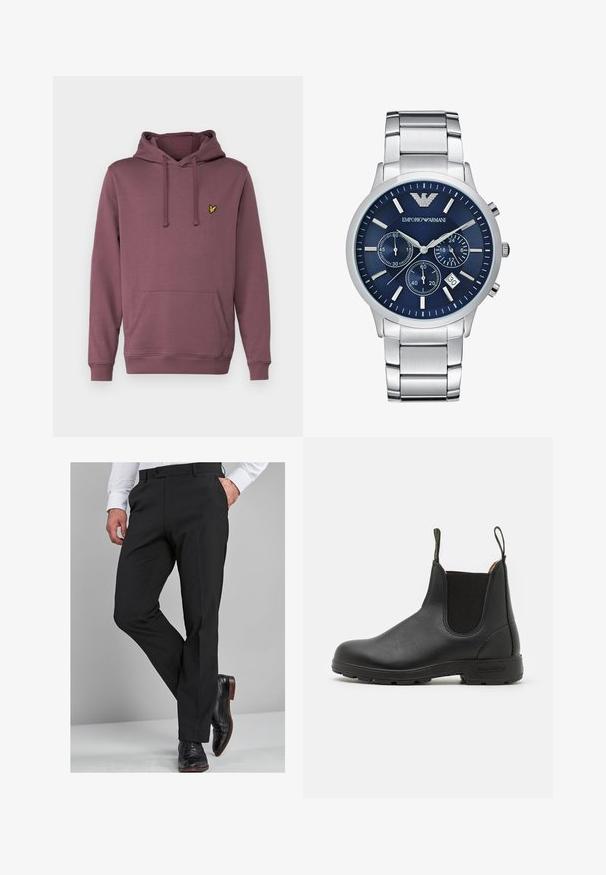 Bordový mikina vyrobená zršťovanej bavlny, s klokaními vreckom, nastaviteľnou šnúrkou na kapucni a malým žltým logom na hrudi.; Čierne nohavice so strihom na mieru, s hladkou textúrou, rovnými nohavicami a pútkami na opasok, v kombinácii s lesklými čiernymi formálnymi topánkami.; Čierne kožené Chelsea topánky s elastickými bočnými panelmi, pútkom na obúvanie, robustnou gumovou podrážkou a prešívanými detailmi. Hladký povrch po celej dĺžke.; Emporio Armani Chronografické hodinky - silver-coloured