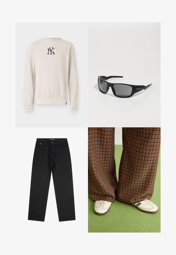 Beige geripptes Sweatshirt mit einem navyfarbenen Logo auf der Brust, Rundhals und Bündchen. Glatte Textur mit einem lässigen Schnitt.; Schwarze gerade geschnittene Jeans mit vorderem Knopf und Reißverschluss, Gürtelschlaufen und Fünf-Taschen-Design, auf einem weißen Hintergrund flach ausgelegt.; Braun und blaue Karohosen mit weitem Bein, kombiniert mit weißen Schuhen mit schwarzen Akzenten und strukturierten Sohlen, vor einem grünen Hintergrund.; Schwarze Sonnenbrille mit rechteckiger Form, aus robustem Kunststoff gefertigt, mit grauen getönten Gläsern und einem goldenen Akzent an der Seite.