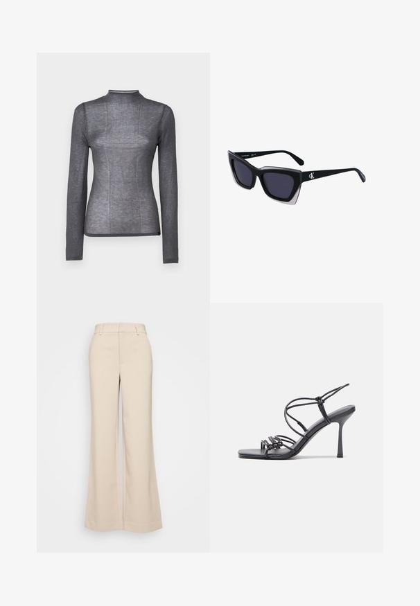 Hosszú ujjú, magas nyakú felső sötétszürke színben. Puha, rugalmas anyagból készült, bordázott textúrával és testhezálló kialakítással. Nincs látható fémrész vagy dísz.; Beige, bő szárú nadrág sima textúrával, magas derékkal és két elülső zsebbel. Tiszta dizájn, elegáns szabású.; Fekete magas sarkú szandálok vékony pántokkal, csomózott mintával, sima négyzetes orral és karcsú stiletto sarkal rendelkeznek.; Fekete, nagyméretű napszemüveg geometrikus formával, sötét lencsékkel és kontrasztos szürke részlettel a kereten. Logó a szárán.; Ezüst karika fülbevalók sima, fényes felülettel. Lekerekített forma, könnyű kialakítással, tűs zárómechanizmussal.