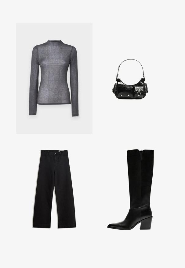 Hosszú ujjú, magas nyakú felső sötétszürke színben. Puha, rugalmas anyagból készült, bordázott textúrával és testhezálló kialakítással. Nincs látható fémrész vagy dísz.; Fekete, bő szabású farmernadrág magas derékkal, elülső és hátsó zsebekkel, varrott felületekkel és gombos záródással. Sima textúra.; Fekete, térd fölé érő csizma sima bőrből, hegyes orral, tömbsarkával és V-alakú kivágással a tetején.; Fekete lakkbőr kézitáska ívelt formával, egy vállpánttal, elülső zsebekkel és ezüstszínű fémrészletekkel.